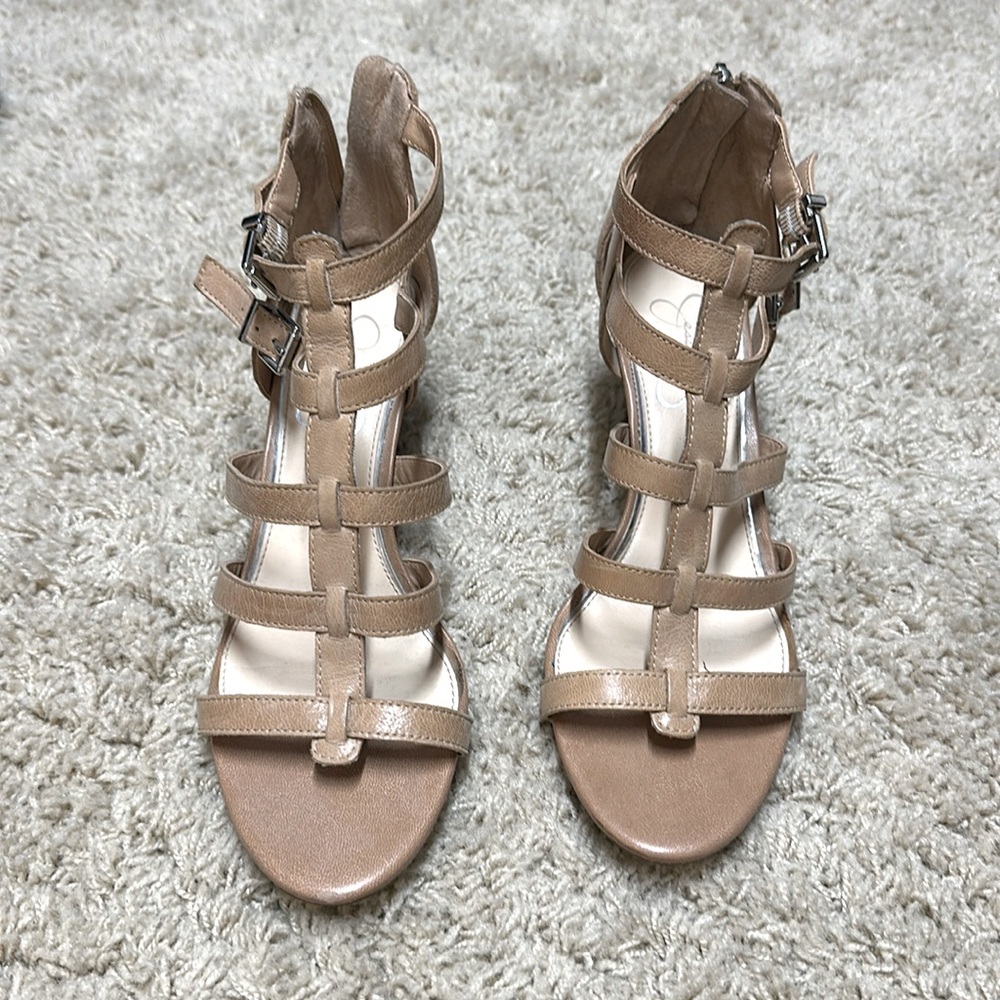 Jessica Simpson tan leather strappy wedge sandal. 7.5M